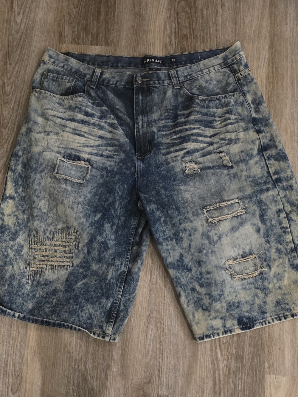 Red Ape Denim Shorts Men's Size 46 Distressed Acid Wash Baggy Fit